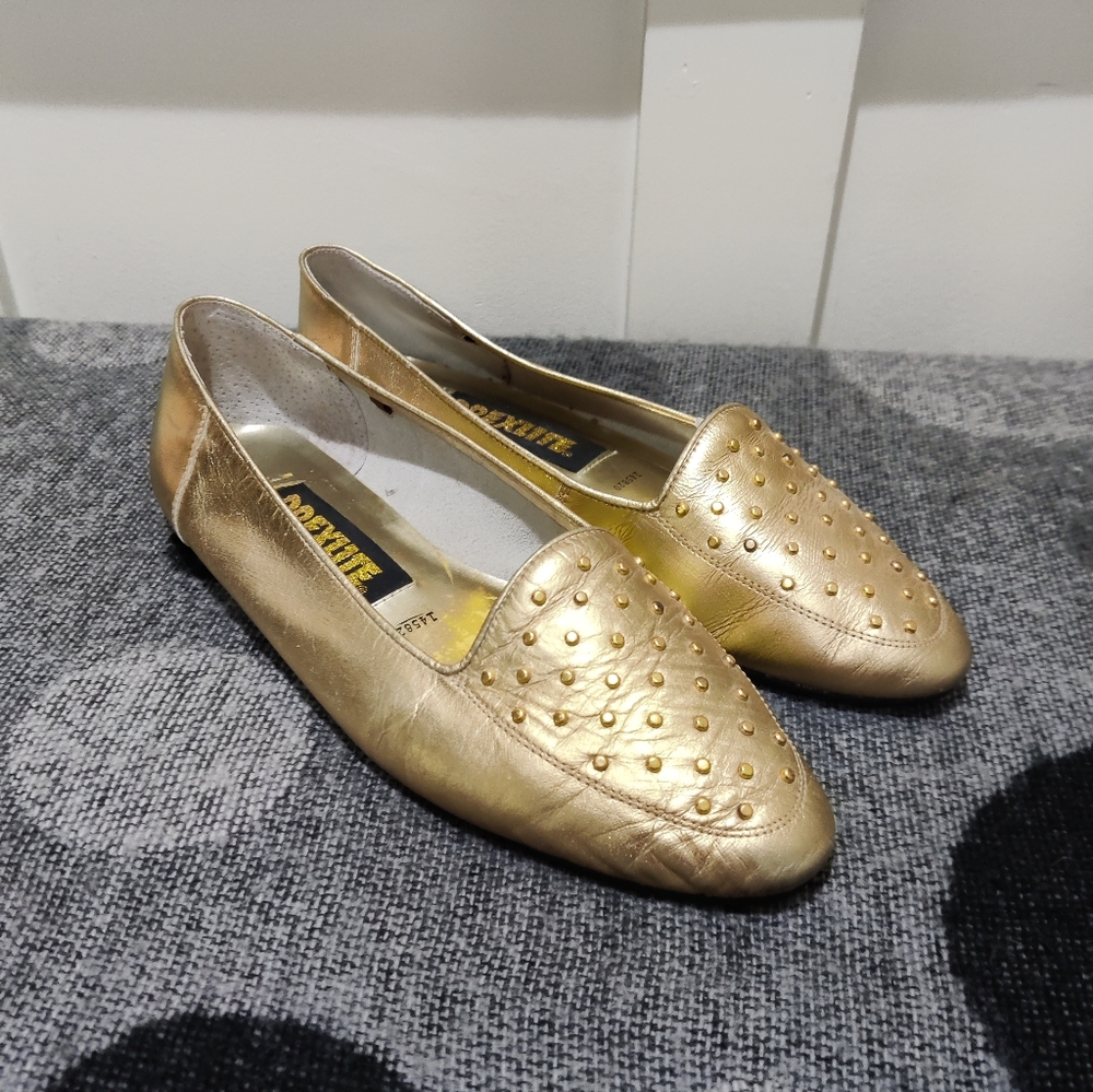 Vintage Dexlite Gold Studded Leather Flats – 80s Metallic Loafers